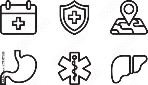 Medical Icons Including Calendar Shield Map Stomach Caduceus Liver health healthcare