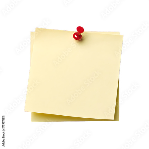 Two yellow sticky notes stacked and attached with a red push pin on a black isolated background