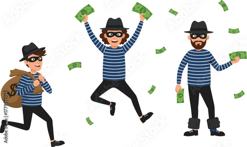 Cartoon burglars stealing money, criminal characters in striped outfits, funny thief illustration, vector art for crime, finance, security themes