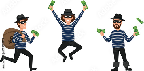 Cartoon burglars with money, striped shirts, masks and hats, funny thief characters, humorous crime illustration, playful vector design, stolen cash concept