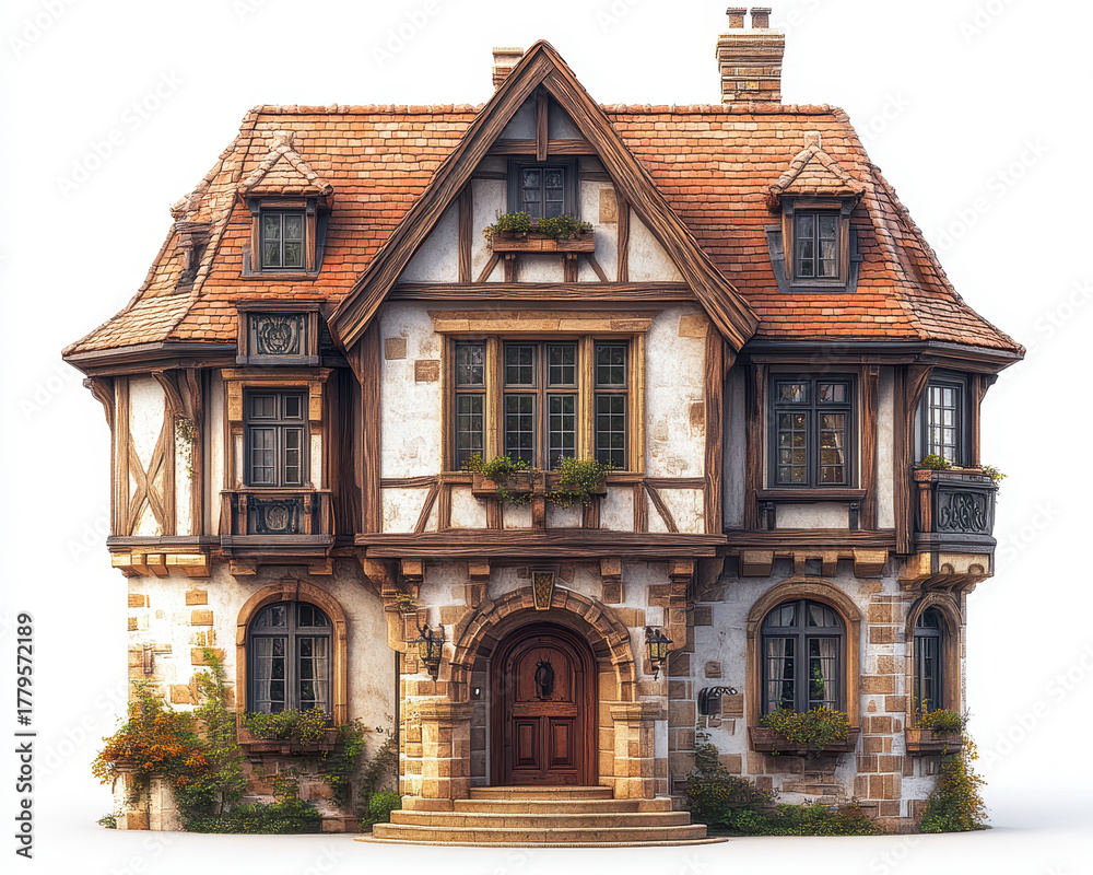 Fototapeta premium Charming Tudor-Style House with Stone and Timber Facade Isolated on White Background, Detailed Architecture