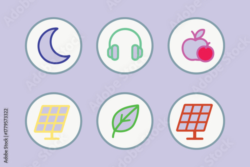 A collection of six circular icons representing concepts like nighttime music healthy eating renewable energy and nature on a light purple background