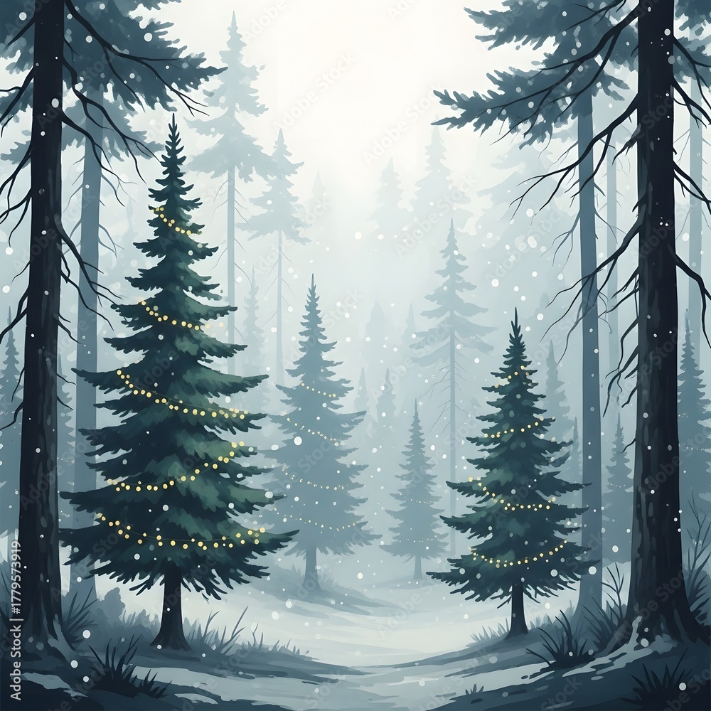 Obraz premium Enchanting winter forest scene with snow falling on evergreen trees and a winding path