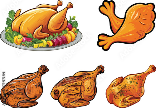 Roasted Chicken and Turkey Cartoon Vector Set - Thanksgiving and Food Illustrations