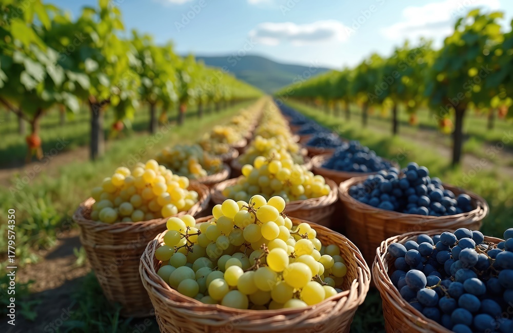 Fototapeta premium Freshly harvested grapes in wicker baskets in vineyard. Ripe white, black grapes ready for transport. Green vineyard rows with rich foliage, grapevines in background. Sunny day with blue sky, hills.
