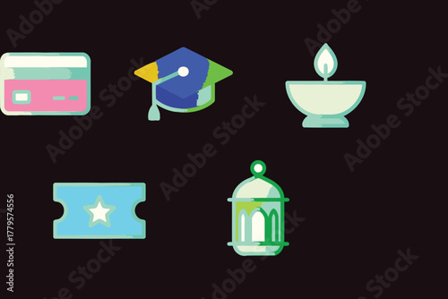 A collection of five colorful flat design icons representing different concepts including a credit card graduation cap oil lamp ticket and a decorative lantern on a dark background