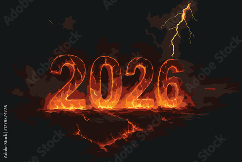 Fiery 2026 numerals ignite with intense orange flames and glowing embers against a dark dramatic background with a lightning strike