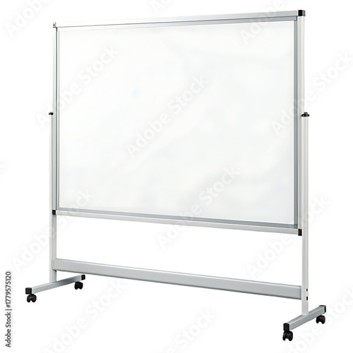 A white board with a silver frame and a silver stand on wheels against a black background in a studio