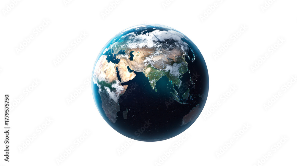 Fototapeta premium Earth globe planet world Asia Africa Europe blue white green realistic isolated space environment geography global nature science atmosphere satellite detailed natural peaceful beautiful sunlight