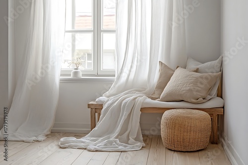 A bright window nook with soft white curtains, light wood flooring, and linen cushions 