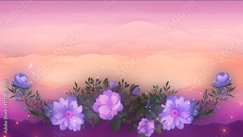 A soft pastel sky blending pink, peach, and purple tones with glowing light specks, featuring a row of purple flowers and green leaves at the bottom.