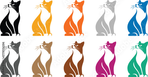 Stylized sitting cats colorful collection, Vibrant feline silhouettes in multiple colors