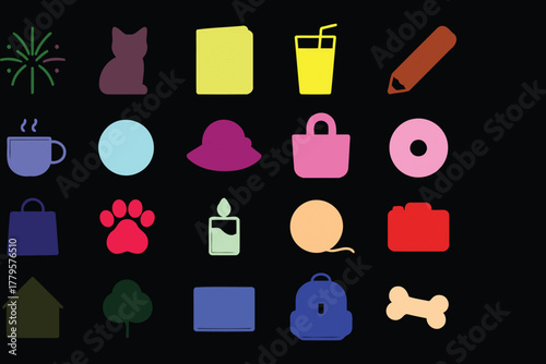 A vibrant collection of simple colorful cartoon style icons and illustrations representing everyday objects and concepts on a black background