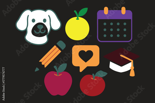 A collection of colorful flat design icons representing education learning and daily life including a dog lemon calendar pencil heart graduation cap and apples on a dark background