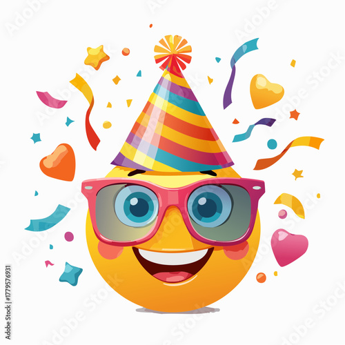 Festive emoji celebration with vibrant party hat confetti and cool glasses for birthday fun