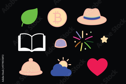 A vibrant collection of flat design icons featuring a green leaf a golden coin a straw hat an open book a bell a cloud with a sun and a red heart on a black background