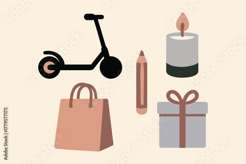 A collection of everyday objects including a black kick scooter a brown marker pen a pink shopping bag a gray gift box and a lit candle all isolated on a light beige background