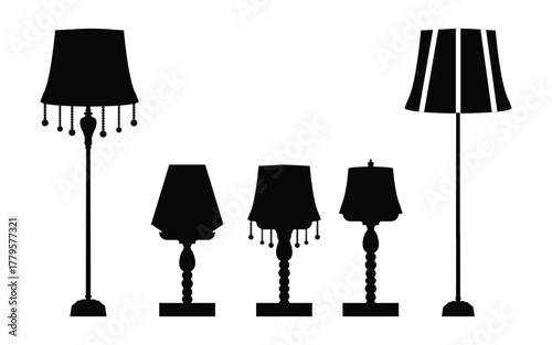 Modern floor lamps, stylish table lamp, black silhouette lighting, contemporary interior decor, elegant standing lamps. vector lamp set.
