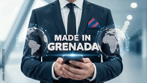 Businessman Displays Global Trade Origin on Smartphone