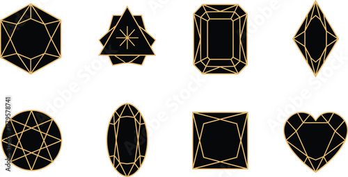 Geometric gemstone icons, gold outline on black, faceted shapes, vector illustration, jewelry design elements, abstract cuts, decorative symbol set
