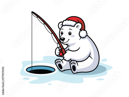 A cartoon polar bear wearing a Santa hat fishes through an ice hole.