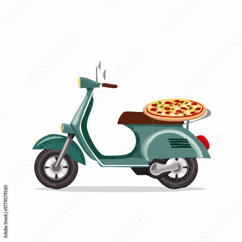 Vintage turquoise scooter transporting a tasty pizza slice for urban deliveries
