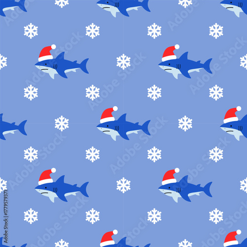 Marine Сhristmas seamless pattern with sharks, Santa claus hats and snowflakes. Design for textile and fabric, home decor elements, wrapping paper. Vector print