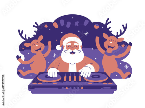 Santa Claus and two reindeer dance behind a DJ booth with a starry background.