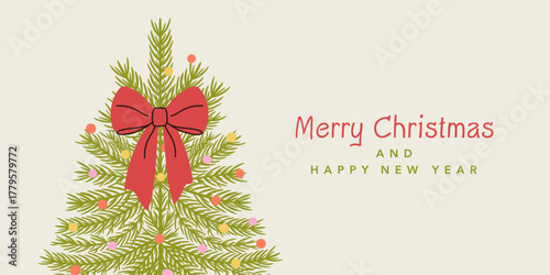 Vintage vector Merry Christmas horizontal holiday banner, cover, card, background. Hand-drawn Xmas tree with big bow and color confetti for season greetings, sales, print, ads. Pencil drawing style.