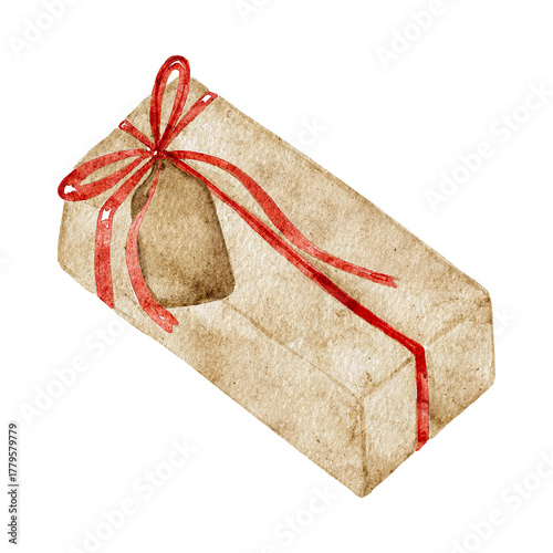 Present wrapped in craft paper with a red ribbon watercolor.