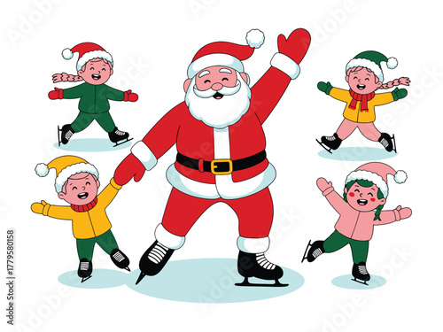 Santa Claus ice skates with happy children during winter holidays.