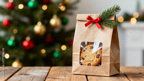 Christmas cookie gift in kraft paper bag with pine decoration