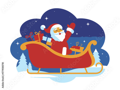 Santa Claus waves cheerfully while riding in his sleigh with gifts