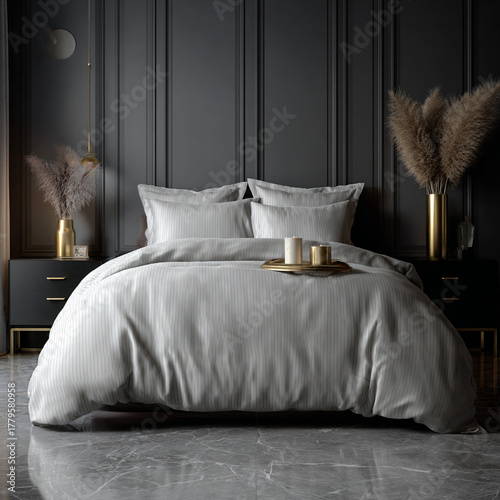 Modern bed with pillows.