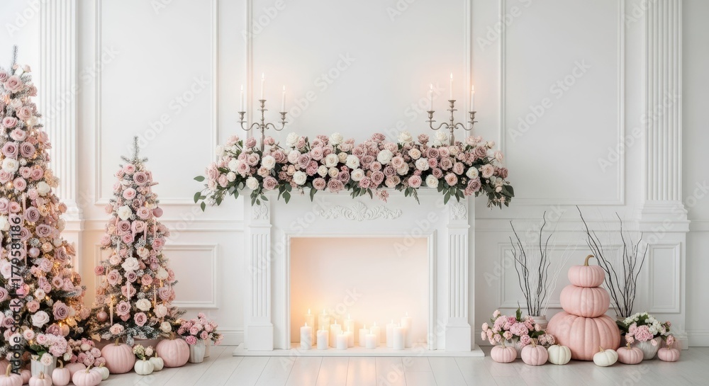 Fototapeta premium Elegant Floral Fireplace: A beautifully decorated fireplace adorned with soft pink flowers, candles, and seasonal accents. the perfect backdrop for warmth and beauty