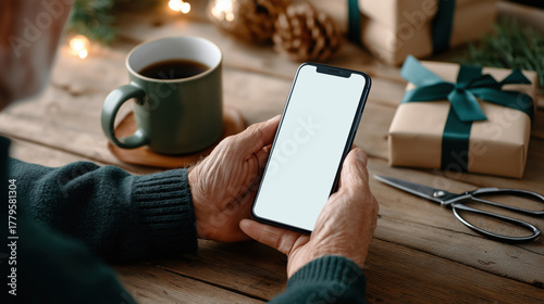 Close-up of senior hands holding a phone with a blank screen. Christmas holiday mockup with gift wrapping and coffee in a cozy setting