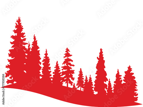 A silhouette of a forest of pine trees in a vibrant red color against a white background.
