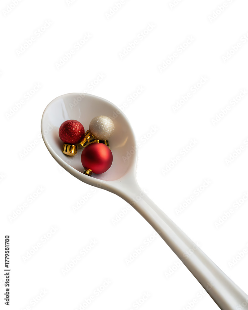 Fototapeta premium Creative concept made with white spoon and Christmas decorations cut out on PNG. AI GENERATED. 