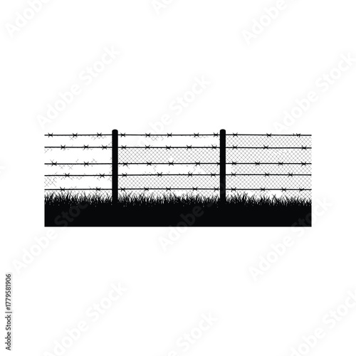Barbed wire fence with chain link mesh and grass silhouette against a white background