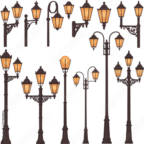 Vintage street lamp collection, ornate lantern designs, amber glow, urban lighting elements, vector illustration, historical outdoor decor, city infrastructure icons