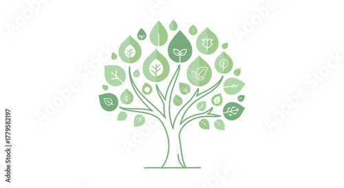 A stylized illustration of a tree with leaves shaped like various eco-friendly symbols, representing environmental sustainability and growth.