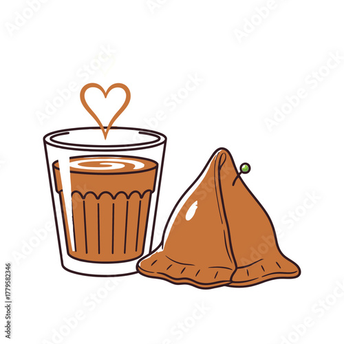 Delicious samosa and a cup of hot chai tea with steam forming hearts on a light green background