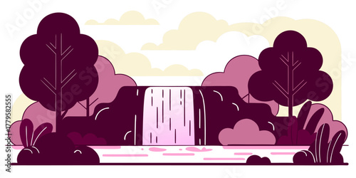 Cartoon Waterfall Scene with Lush Trees and Clouds
