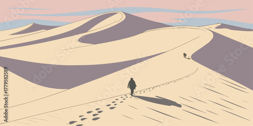Lone figures walk across vast desert sand dunes at sunset