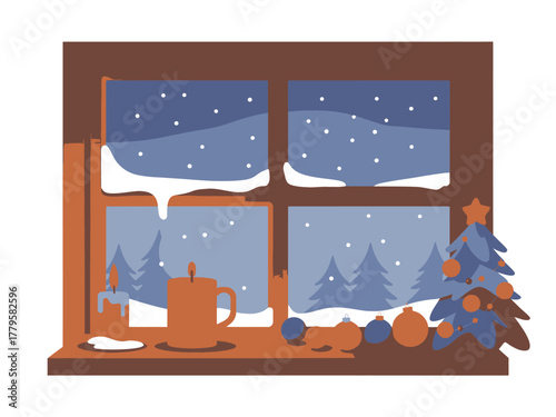 A warm mug sits on a windowsill overlooking a snowy winter forest landscape.