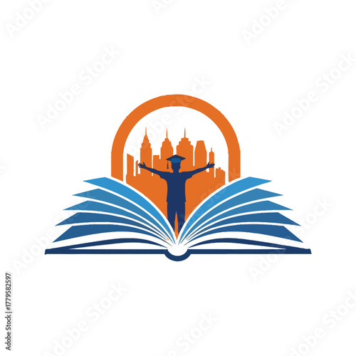 Graduation cap silhouette of a person with open arms standing in an open book with city skyline behind