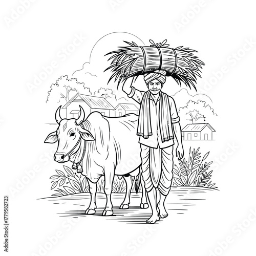 Indian farmer carrying hay on head with ox standing beside him in a rural village scene