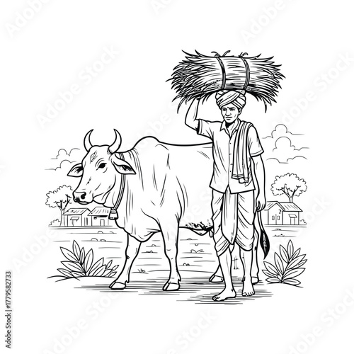 Indian farmer wearing traditional clothing carries a bundle of hay on his head beside his ox