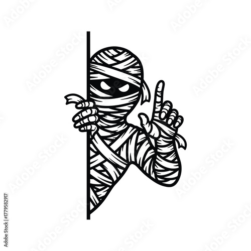 Spooky mummy peeking around a corner with one finger raised in a shushing gesture