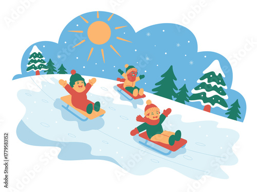 Children joyfully sledding down a snowy hill under a bright sun.
